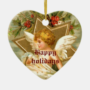 Vintage liten söt julängel och stjärna julgransprydnad keramik