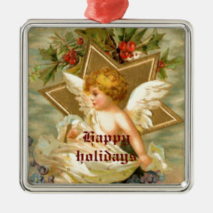 Vintage liten söt julängel och stjärna julgransprydnad metall