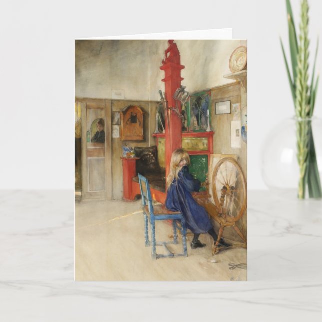 Vintage litet tjej vid spinninghjul kort (Framsida)