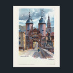 Vintage Litho Heidelberg Old Bridge Grind Vykort<br><div class="desc">Från vår poster med samma namn. Från en vacker litografi på ca 1895. Den gamla bron byggdes upp 1786-1788. En medeltida bro grind ligger på den gamla stadens sida och var ursprungligen en del av stadens vägg. Baroque torn hjälmar lades till som en del av byggandet av stenbron 1788. Heidelberg...</div>