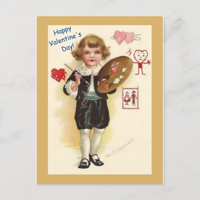 Vintage Little Boy Artist Benice Valentine Vykort (Framsida)