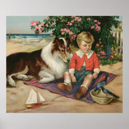 Vintage Little Boy, Collie och Bluebirdsen Poster