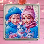 Vintage Little Children Personlig Julgransprydnad Metall<br><div class="desc">Söt lilla vintage flicka och pojke i rosa och blåa vinterhattar som håller kattungar som är rostalgiska,  jullornament för dem som gillar en gammaldags jul.</div>