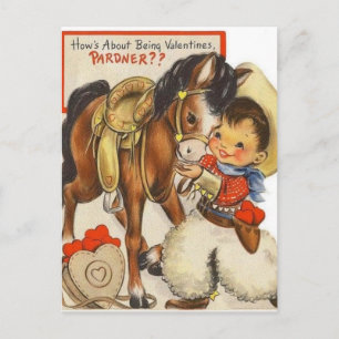 Vintage Little Cowboy & Cute Pony Valentine Card Vykort
