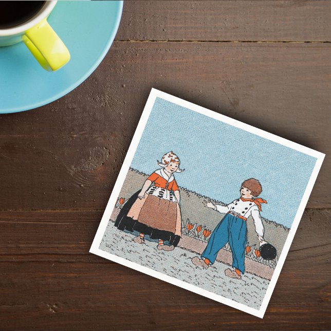 Vintage Little Dutch Girl Boy Traditional Dress Pappersservett (Little Dutch girl and boy traditional clothing wood shoes red tuilips on napkin.)