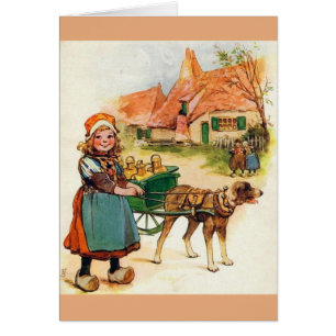 Vintage - Little Dutch Girl & Hund Cart Hälsningskort