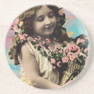 Vintage Little Girl and Flowers Underlägg Sandsten