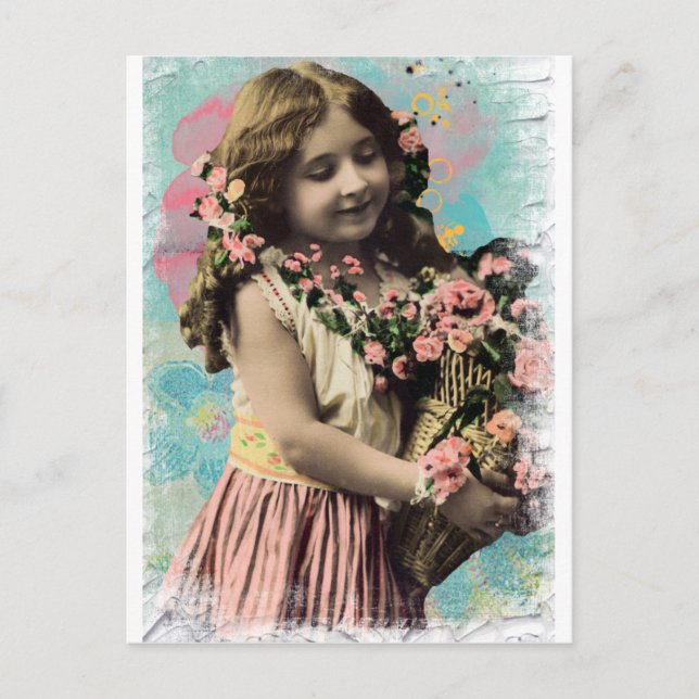 Vintage Little Girl and Flowers Vykort (Framsida)