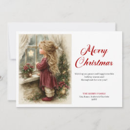 Vintage little girl awaiting Santa editable Julkort