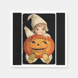 Vintage Little Girl Big Halloween Pumpkin Pappersservett