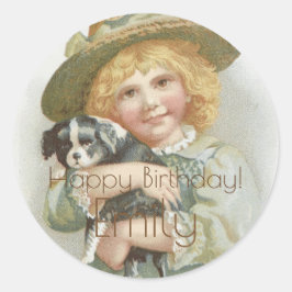 Vintage Little Girl Cute Little Hund Grattis på fö Runt Klistermärke