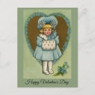 Vintage Little Girl in Blue Valentine Vykort
