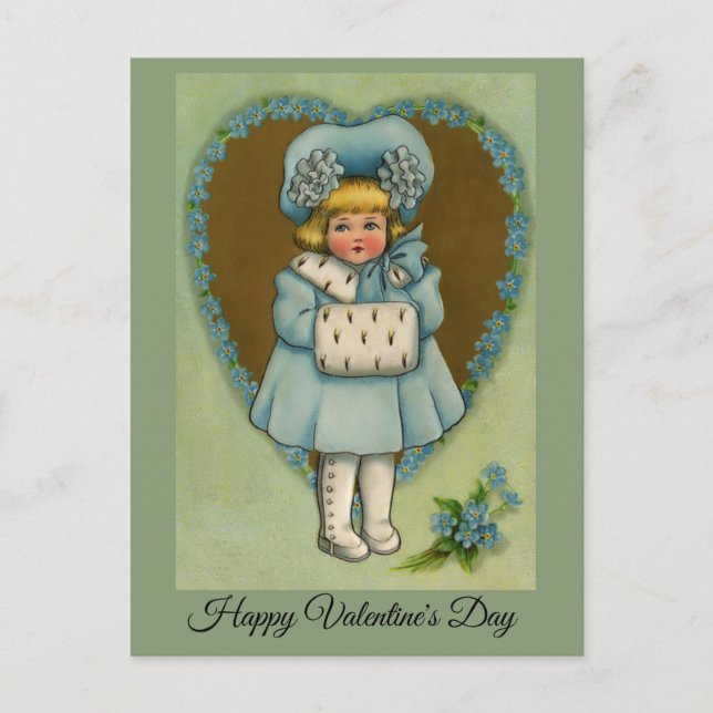 Vintage Little Girl in Blue Valentine Vykort (Framsida)