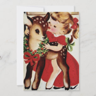 Vintage Little Girl Kissing Baby-julen Hjort Julkort