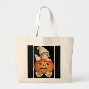 Vintage Little Girl med Big Halloween Pumpkin Jumbo Tygkasse