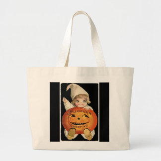 Vintage Little Girl med Big Halloween Pumpkin Jumbo Tygkasse