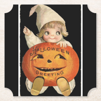 Vintage Little Girl med Big Halloween Pumpkin Underlägg Papper