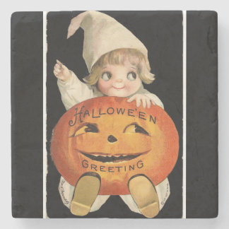 Vintage Little Girl med Big Halloween Pumpkin Underlägg Sten