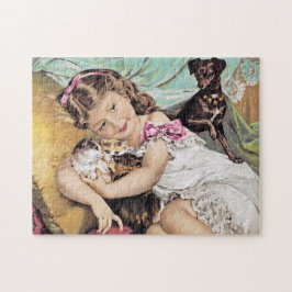 Vintage Little Girl med Kittens och Hund Pussel