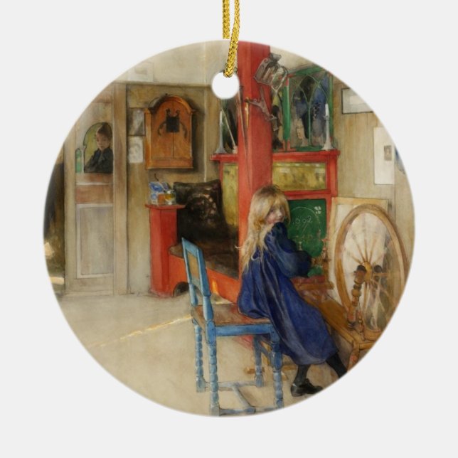 Vintage Little Girl på Spinning Wheel Julgransprydnad Keramik (Framsidan)