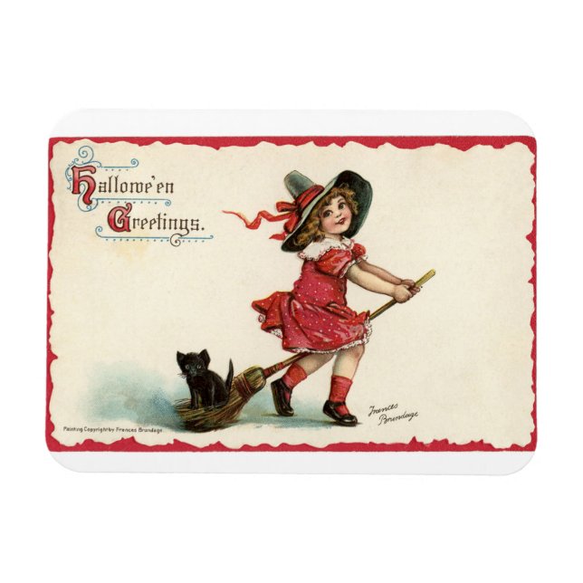 Vintage Little Girl Witch Magnet (Horisontell)