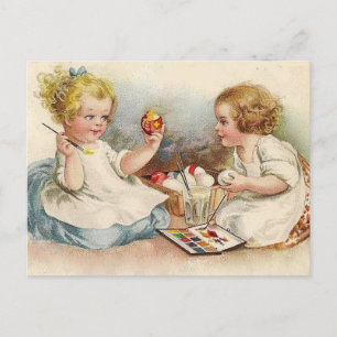 Vintage Little Girls Coloring Påskägg Helg Vykort