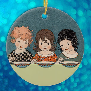 Vintage Little Girls Eating Soppa Three Sisters Julgransprydnad Keramik
