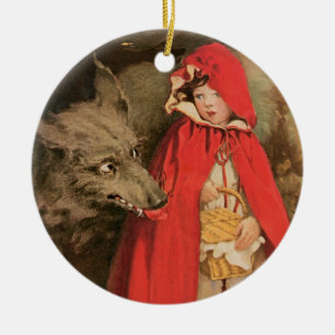 Vintage Little Red Riding Huva och Big Bad Varg Julgransprydnad Keramik