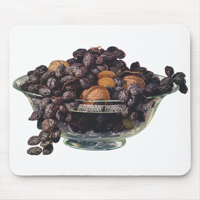 Vintage livsmedel, valnötter och mandlar, frukt oc musmatta (Framsidan)