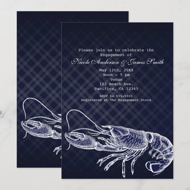 Vintage Lobster Navyblå Eleganta Inbjudningar (Fram/baksida)
