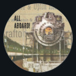 Vintage Locomotive Tåg Steam Engine Railroad Runt Klistermärke<br><div class="desc">I den här coolan har Steampunk tåg ett gammaldags ånglok med vintage typsnitt och station namn. Underbar för Fars dag,  vem som helst som gillar tåg eller Steampunk.</div>