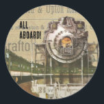 Vintage Locomotive Tåg Steam Engine Railroad Runt Klistermärke<br><div class="desc">I den här coolan har Steampunk tåg ett gammaldags ånglok med vintage typsnitt och station namn. Underbar för Fars dag,  vem som helst som gillar tåg eller Steampunk.</div>