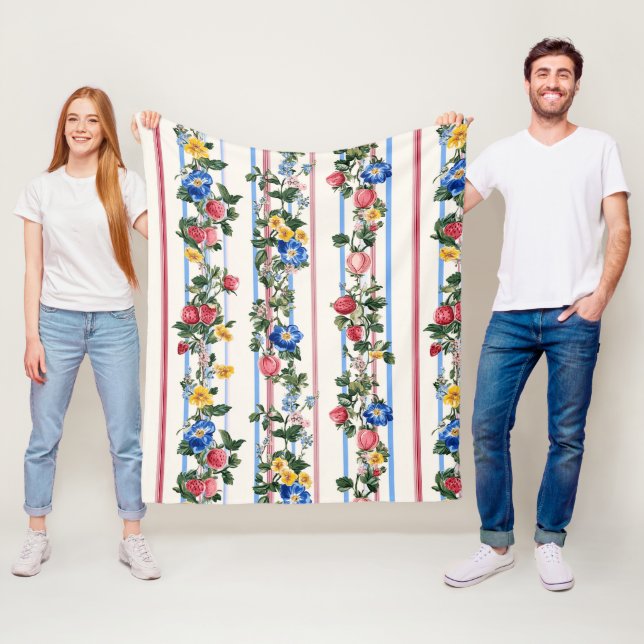 Vintage Lodrät Strawberry Blommigt Rand Mönster Fleecefilt (På plats)