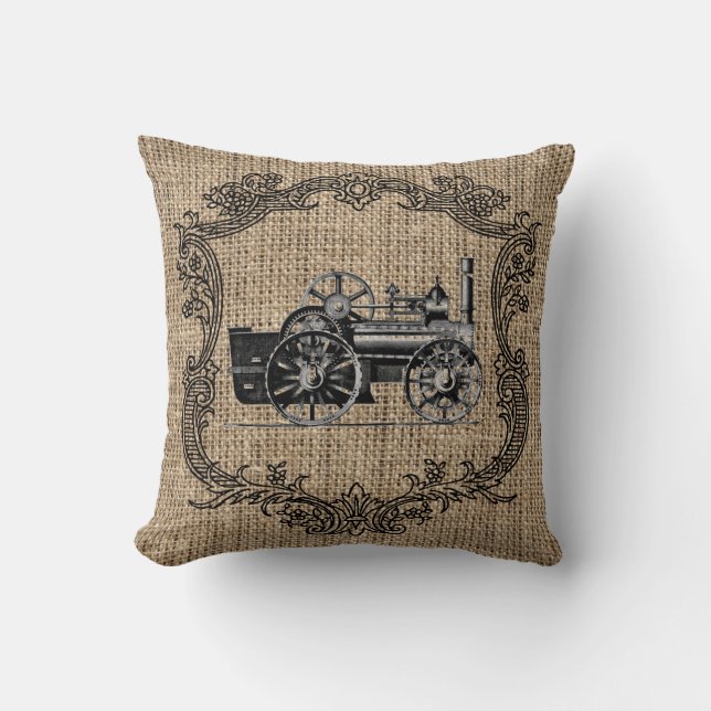Vintage Lokomotiv Jute Kudde (Framsida)