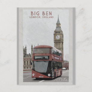 Vintage London England Big Ben Red Buss Travel Vykort