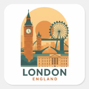 Vintage London England Resa   Retro  Fyrkantigt Klistermärke