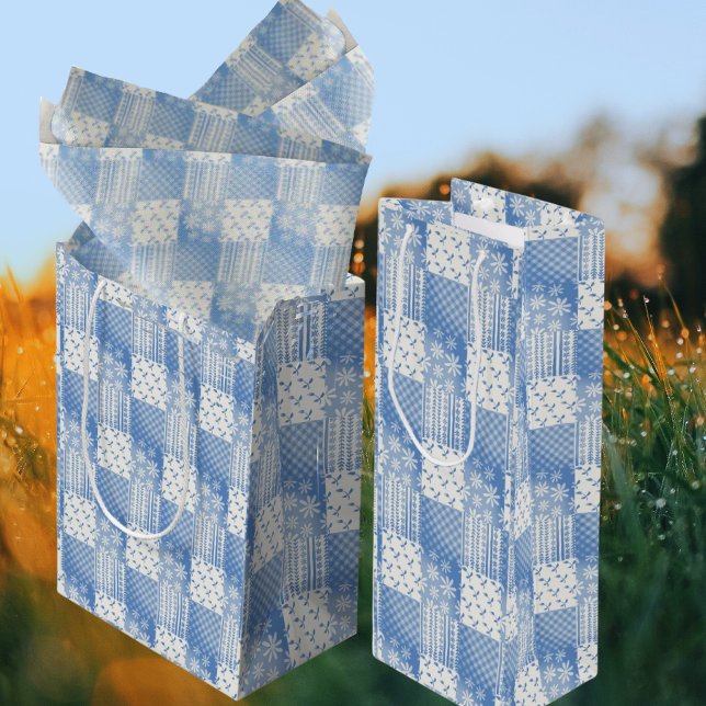 Vintage Look Denim Blå Krämvit Lappteknik  (Country denim blue patchwork all occasion gift wrap supplies)