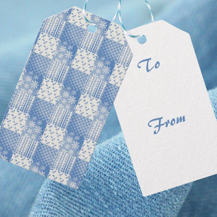 Vintage Look Denim Blå Krämvit Lappteknik Presentetikett