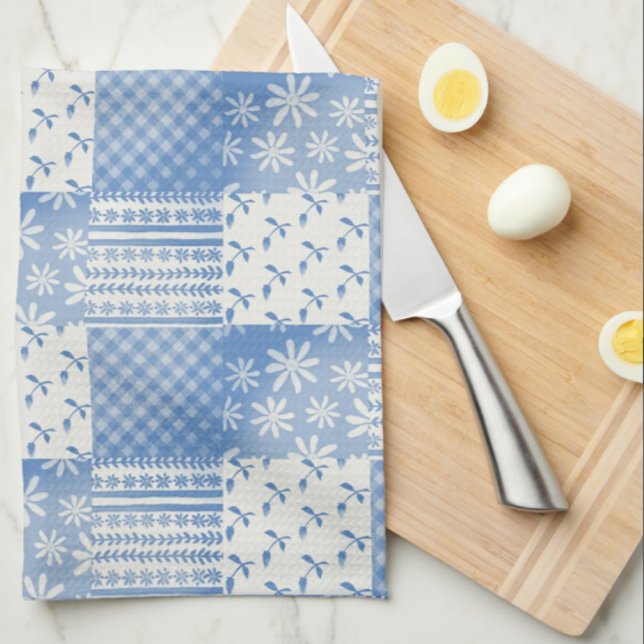 Vintage Look Denim BlåKrämvit Lappteknik  Kökshandduk (Perfect patchwork kitchen towel!)