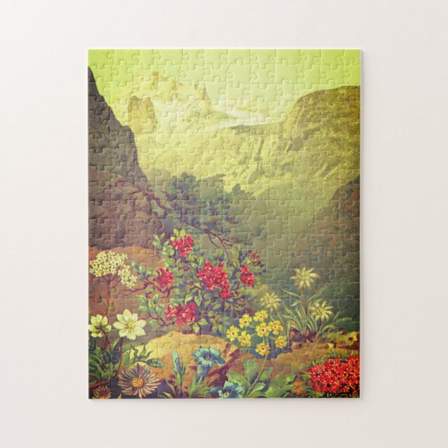 Vintage-look Flowers, Mountain Jigszle Puzzle Pussel (Vertikal)