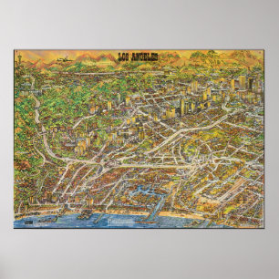 Vintage Los Angeles-illustrerad kartaffisch 1974 Poster