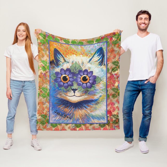 Vintage Louis Wain Flower Power Cat Art Fleecefilt (På plats)