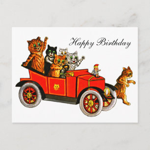 Vintage Louis Wain Katter i Bil Glad Födelsedag Vykort