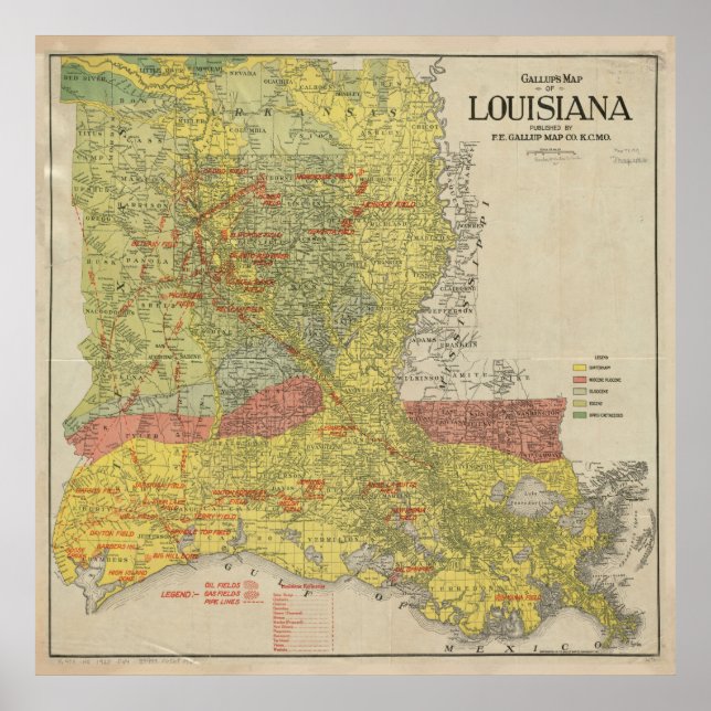 Vintage Louisiana Oil & Gas Fält Karta (1920) Poster (Framsidan)