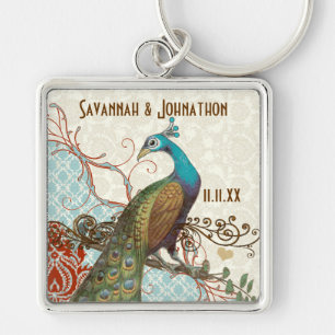 Vintage Love Bird Peacock Damask Wedding Nyckelrin Fyrkantig Silverfärgad Nyckelring