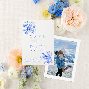 Vintage Love birds Blue Chinoiserie Photo Bröllop Spara Datumet