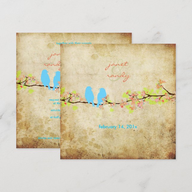 Vintage love birds/färgstarka blommar inbjudningar (Fram/baksida)