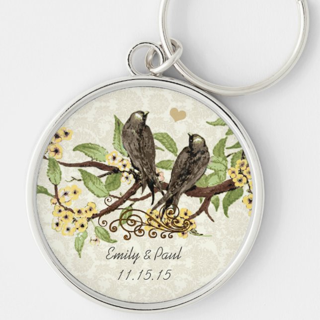 Vintage Love birds Gult Flower Bröllop Nyckelring (Framsidan)