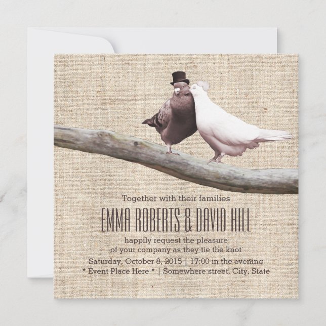 Vintage Love birds på Gren Burlap Bröllop Inbjudningar (Framsida)