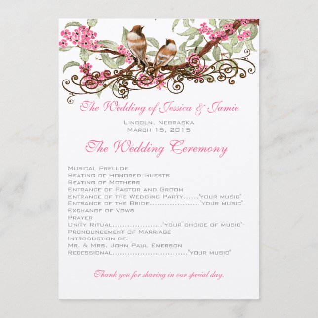 Vintage Love birds Rosa Flowers Bröllop Program (Framsida)